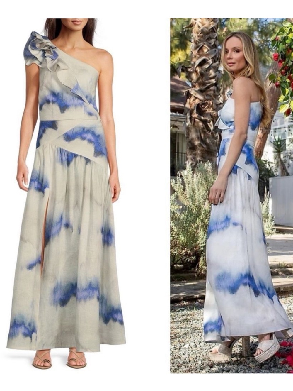 2-Piece Marchesa White and Blue One-Shoulder Tie-Dye Top & Maxi Skirt